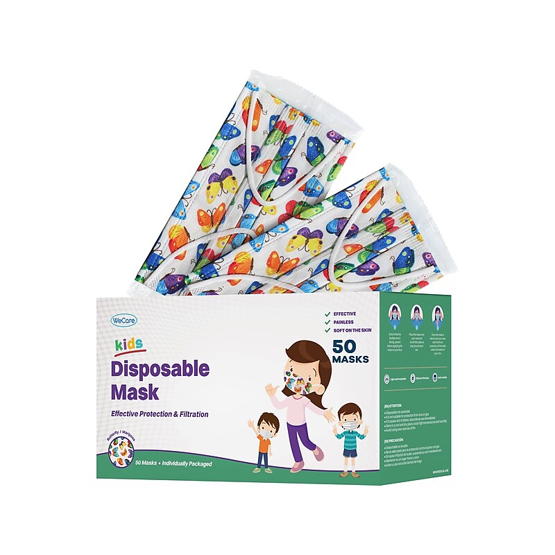WeCare 3-ply Disposable Face Mask, Individually Wrapped, Kids, Butterfly, 50/Box (WMN100075) image 1