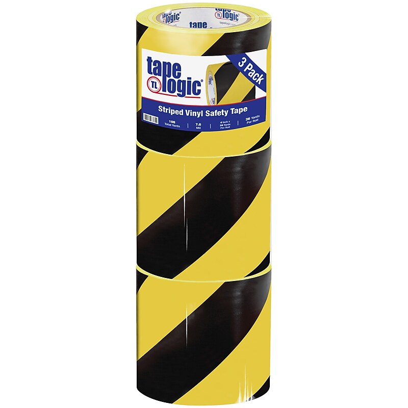 Tape Logic 4" x 36 yds. Striped Vinyl Safety Tape, Black/Yellow, 3/Pack image 1