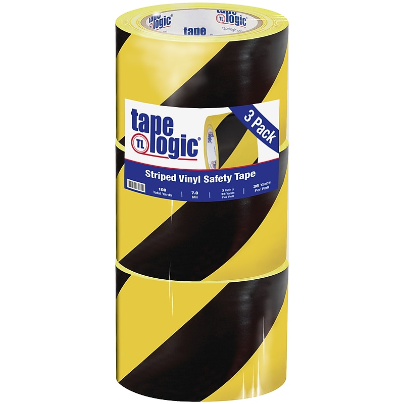 Tape Logic 3" x 36 yds. Striped Vinyl Safety Tape, Black/Yellow, 3/Pack (T93363PKBY) image 1