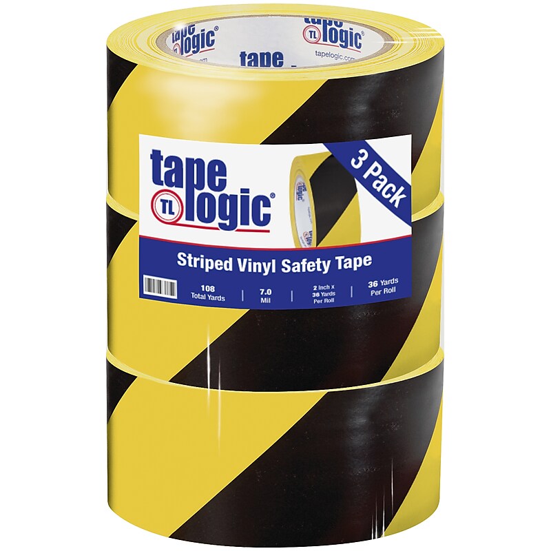 Tape Logic 2" x 36 yds. Striped Vinyl Safety Tape, Black/Yellow, 3/Pack (T92363PKBY) image 1