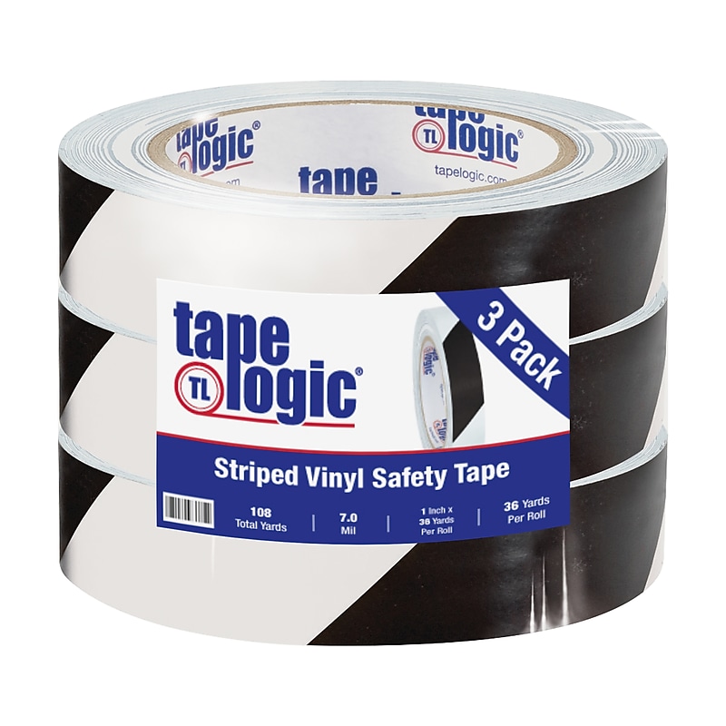 Tape Logic 1" x 36 yds. Striped Vinyl Safety Tape, Black/White, 3/Pack (T91363PKBW) image 1