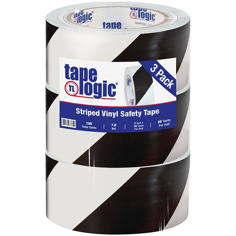 Tape Logic 2" x 36 yds. Striped Vinyl Safety Tape, Black/White, 3/Pack (T92363PKBW) image 1