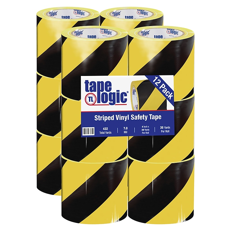 Tape Logic 4" x 36 yds. Striped Vinyl Safety Tape, Black/Yellow, 12/Case image 1