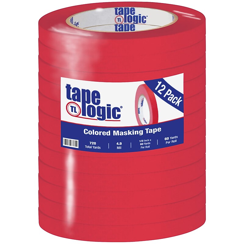Tape Logic® Colored Masking Tape, 4.9 Mil, 1/2" x 60 yds., Red, 12/Case (T93300312PKR) image 1
