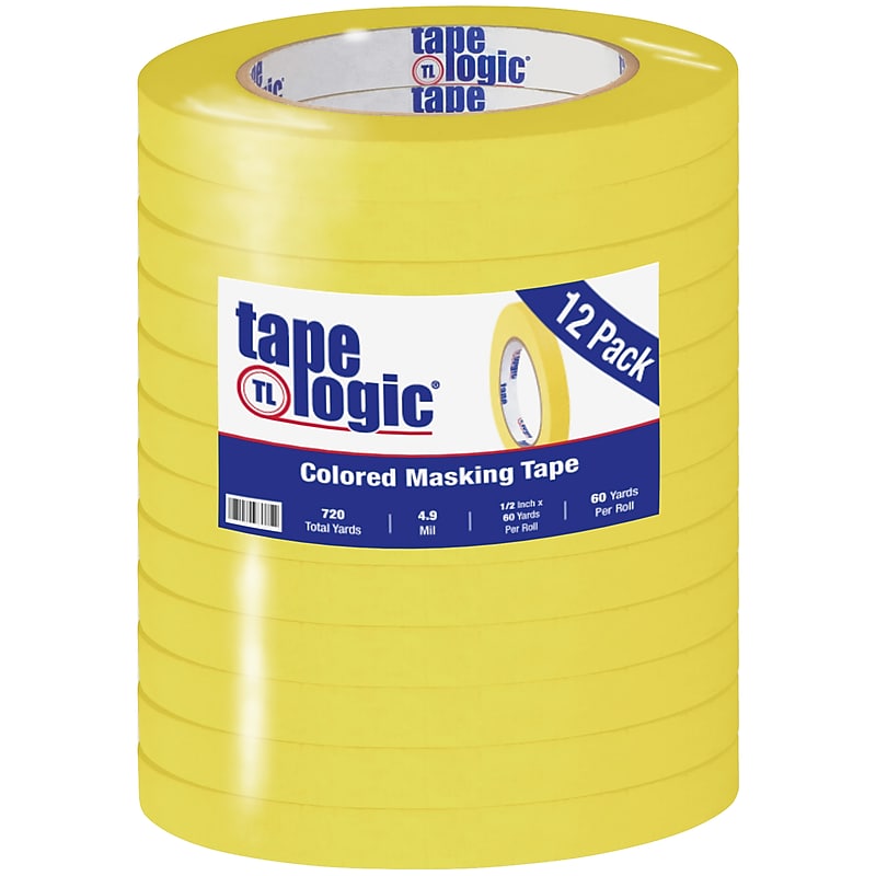 Tape Logic® Colored Masking Tape, 4.9 Mil, 1/2" x 60 yds., Yellow, 12/Case (T93300312PKY) image 1