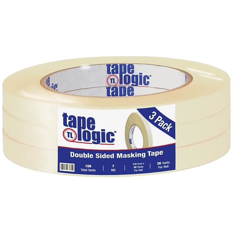 Tape Logic® Double Sided Masking Tape, 7 Mil, 1/2" x 36 yds., Tan, 3/Case (T9531003PK) image 1