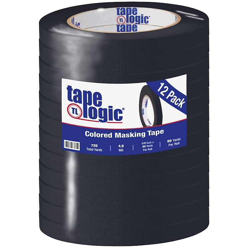 Tape Logic® Colored Masking Tape, 4.9 Mil, 1/2" x 60 yds., Black, 12/Case (T93300312PKB) image 1