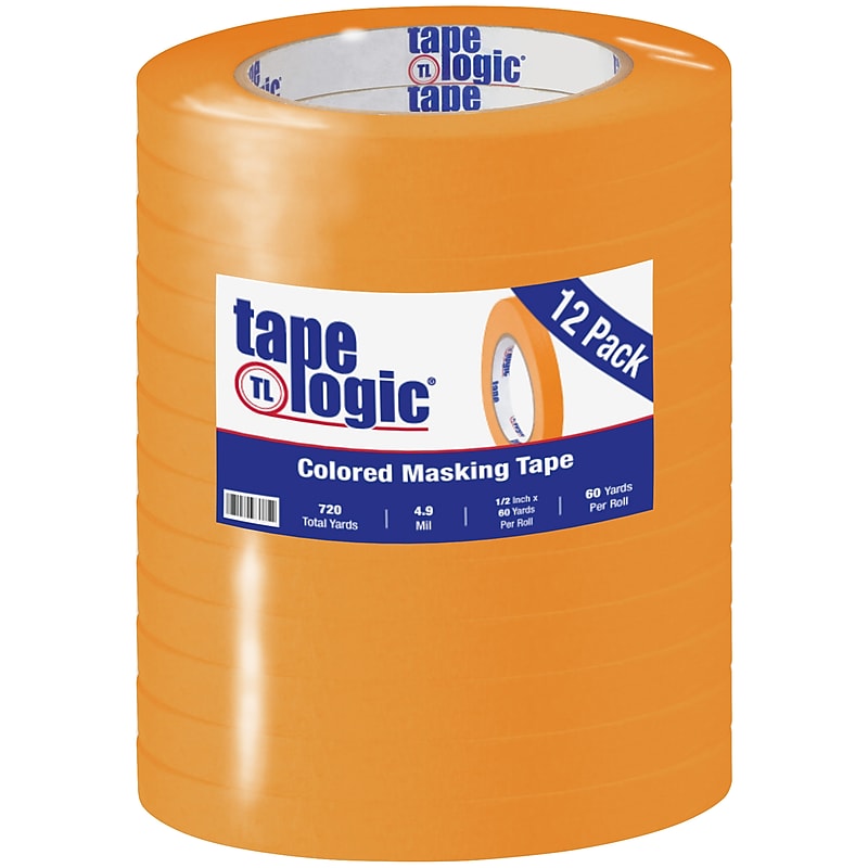 Tape Logic® Colored Masking Tape, 4.9 Mil, 1/2" x 60 yds., Orange, 12/Case (T93300312PKD) image 1