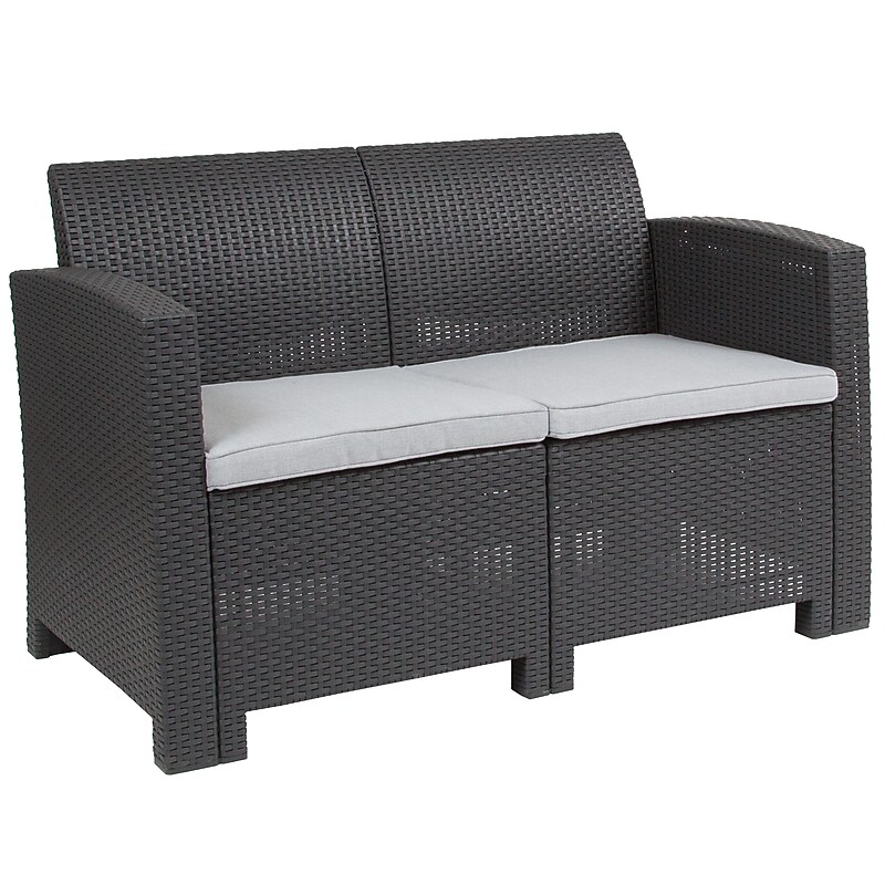 Flash Furniture Seneca Faux Rattan Loveseat with All-Weather Cushions, Dark Gray/Light Gray (DADSF22DKGY) image 1