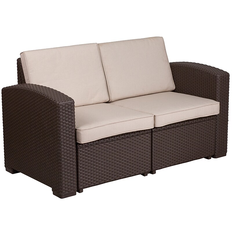 Flash Furniture Seneca Faux Rattan Loveseat with All-Weather Cushions, Chocolate Brown/Beige (DADSF12) image 1