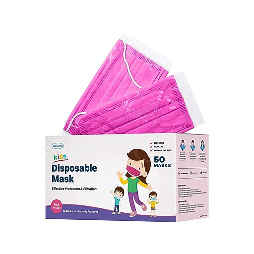 WeCare 3ply Disposable Face Mask, Kids, Hot Pink, 50/Box (WMN100011