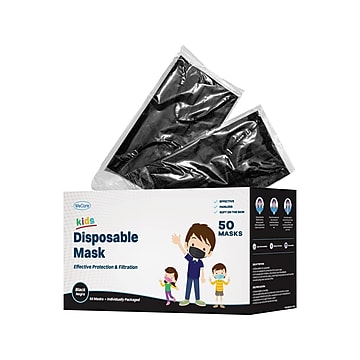 WeCare 3-ply Disposable Face Mask, Individually Wrapped Kids, Black, 50/Box (WMN100031)