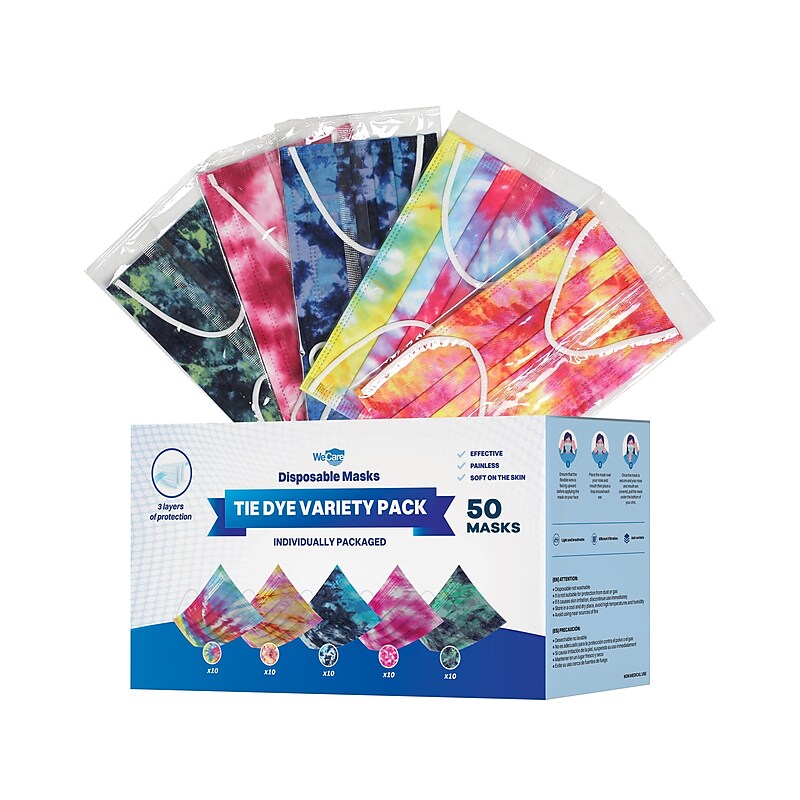 WeCare 3-ply Disposable Face Masks, Individually Wrapped, Adult, Assorted Colors, 50/Box (WMN100060) image 1