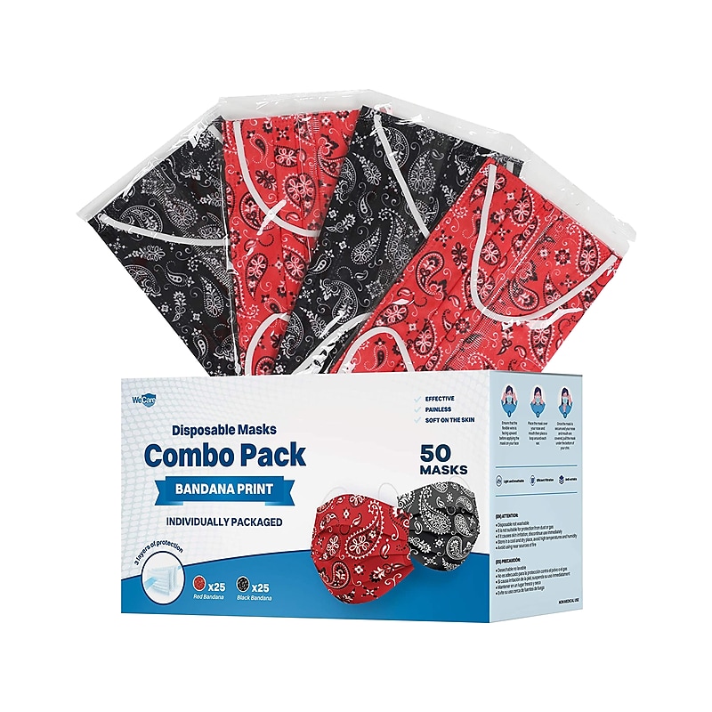 WeCare 3-ply Disposable Face Masks, Individually Wrapped, Adult, Red Bandana/Black Bandana, 50/Box (WMN100069) image 1