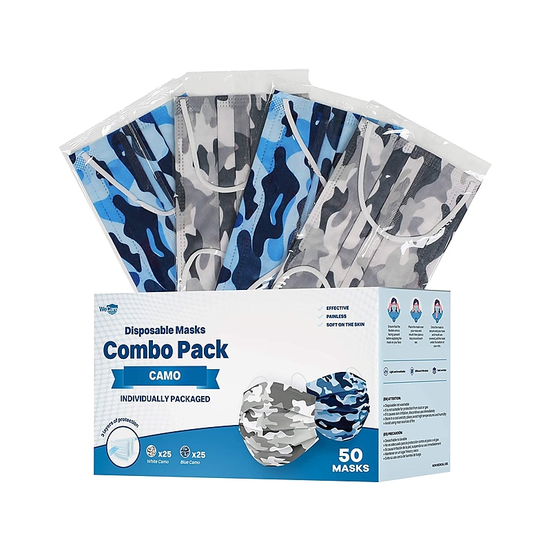 WeCare 3-ply Disposable Face Masks, Adult, Blue Camo/White Camo, 50/Box (WMN100068) image 1