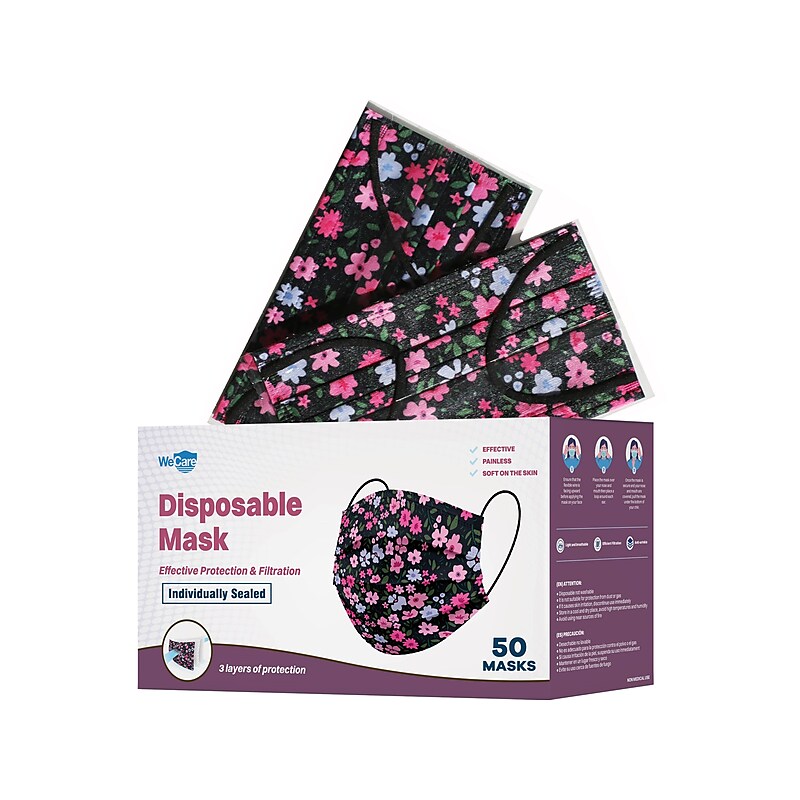 WeCare 3-ply Disposable Face Mask, Adult, Flowers, 50/Box (WMN100073) image 1