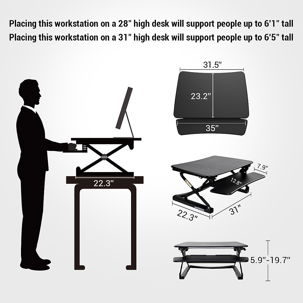 Diagram showing desk converter height droppings and measurements