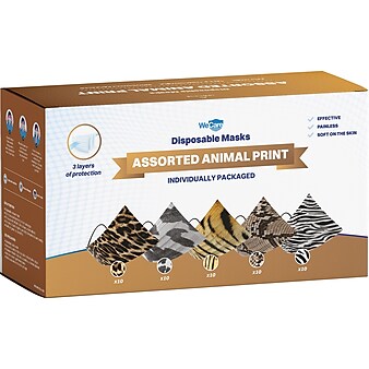 WeCare 3-ply Disposable Face Masks, Individually Wrapped , Adult, Assorted Animal Prints, 50/Box (WMN100078)