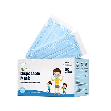 WeCare 3-ply Disposable Face Mask, Individually Wrapped, Kids, Blue, 50/Box (WMN100010)