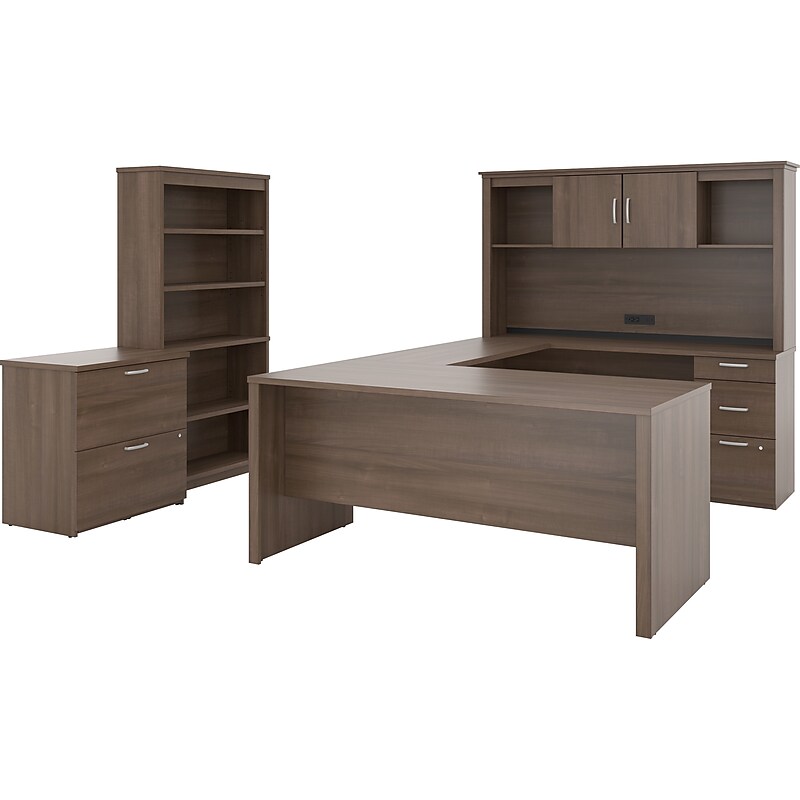 Bestar Logan 66" U-Shaped Executive Desk with Hutch, Lateral File Cabinet, and Bookcase, Antigua (46851-52) image 1