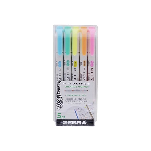 Zebra Mildliner Fluorescent Stick Highlighters, Twin Tip, Assorted, 5