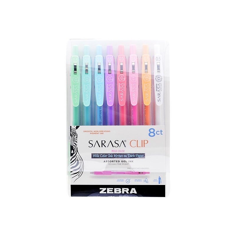 Zebra Sarasa Clip Milk Retractable Gel Pens, Fine Point, Assorted Inks, 8/Pack (48908) image 1