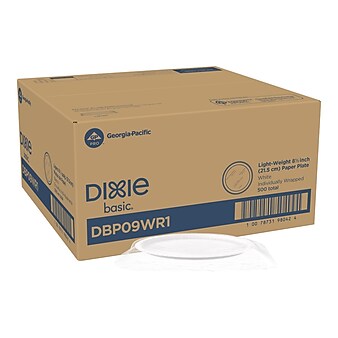 Dixie Basic Individually Wrapped Paper Plates, 8.5", White, 500 Plates/Case (DBP09WR1)