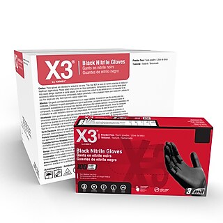 X3 Powder-Free Nitrile Gloves, Latex Free, Large, Black, 100/Box