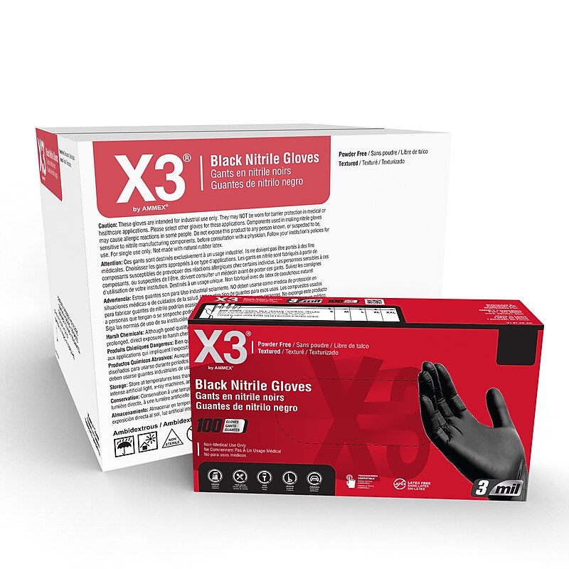 X3 Powder-Free Nitrile Gloves, Latex Free, Medium, Black, 100/Box, 10 Boxes/Carton (BX344100-CC) image 1