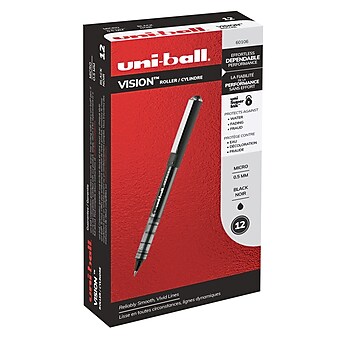 uni-ball Vision Rollerball Pens, Micro Point, Black Ink, Dozen (60106)