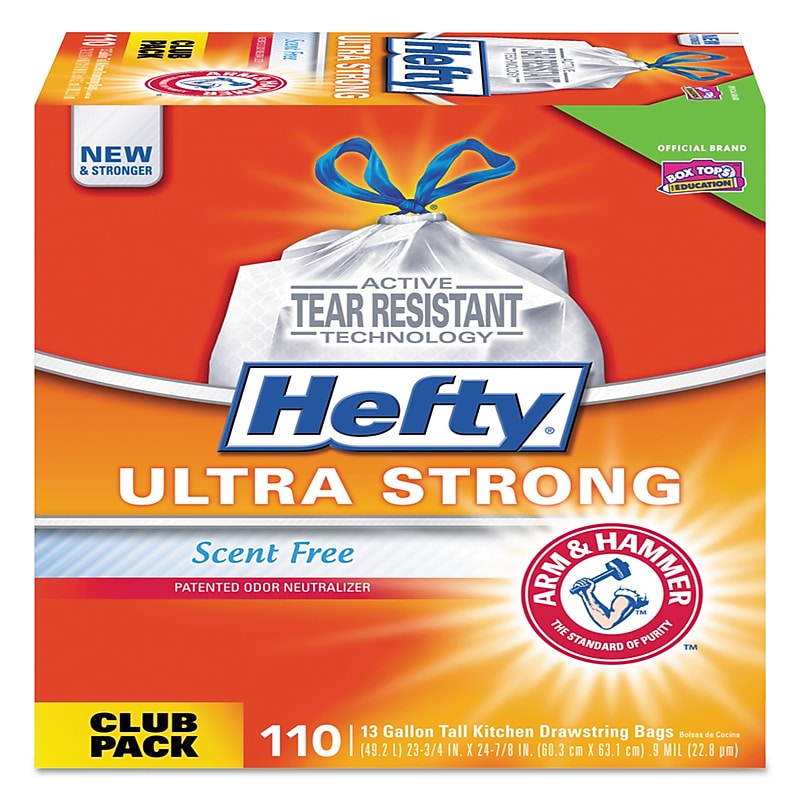 Hefty Ultra Strong 13 Gallon Kitchen Trash Bag, 23.75" x 24.88", Low Density, 0.9 mil, White, 110 Bags/Box (PCTE84570) image 1