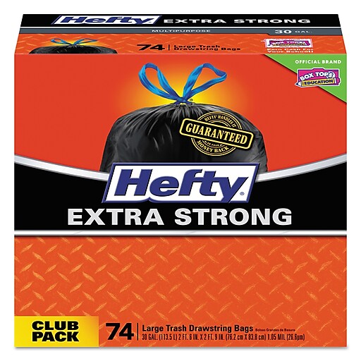 Hefty Ultra Strong 30 Gallon Kitchen Trash Bag, 30 x 33, Low Density, 1.1  mil, Black, 74 Bags/Box (PCTE85274)