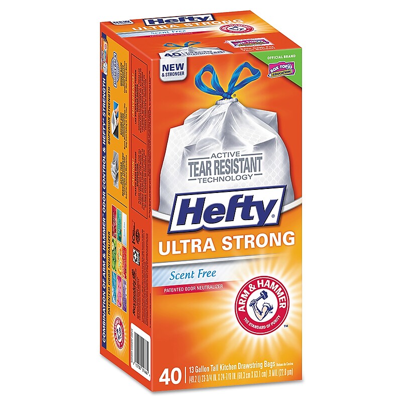 Hefty Ultra Strong 13 Gallon Kitchen Trash Bag, 23.75" x 24.88", Low Density, 0.9 mil, White, 40 Bags/Box (RFPE84638) image 1