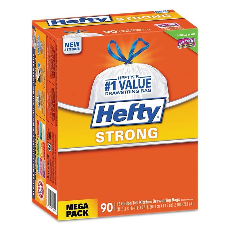 Hefty Strong 13 Gallon Kitchen Trash Bag, 23.75" x 27", Low Density, 0.9 mil, White, 90 Bags/Box (RFPE84574) image 1