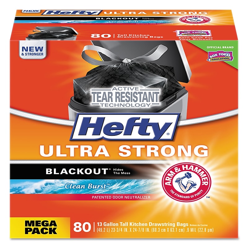 Hefty Ultra Strong 13 Gallon Scented Kitchen Trash Bag, 23.75" x 24.88", Low Density, 0.9 mil, Citrus Twist, Black, 80 Bags/Box image 1