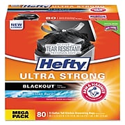 Hefty® Ultra Strong BlackOut Tall-Kitchen Drawstring Bags, 13 gal, 0.9 mil, 23.75" x 24.88", Black, 80/Box