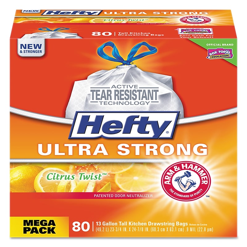 Hefty Ultra Strong 13 Gallon Scented Kitchen Trash Bag, 23.75" x 24.88", Low Density, 0.9 mil, Citrus Twist, White, 80 Bags/Box image 1