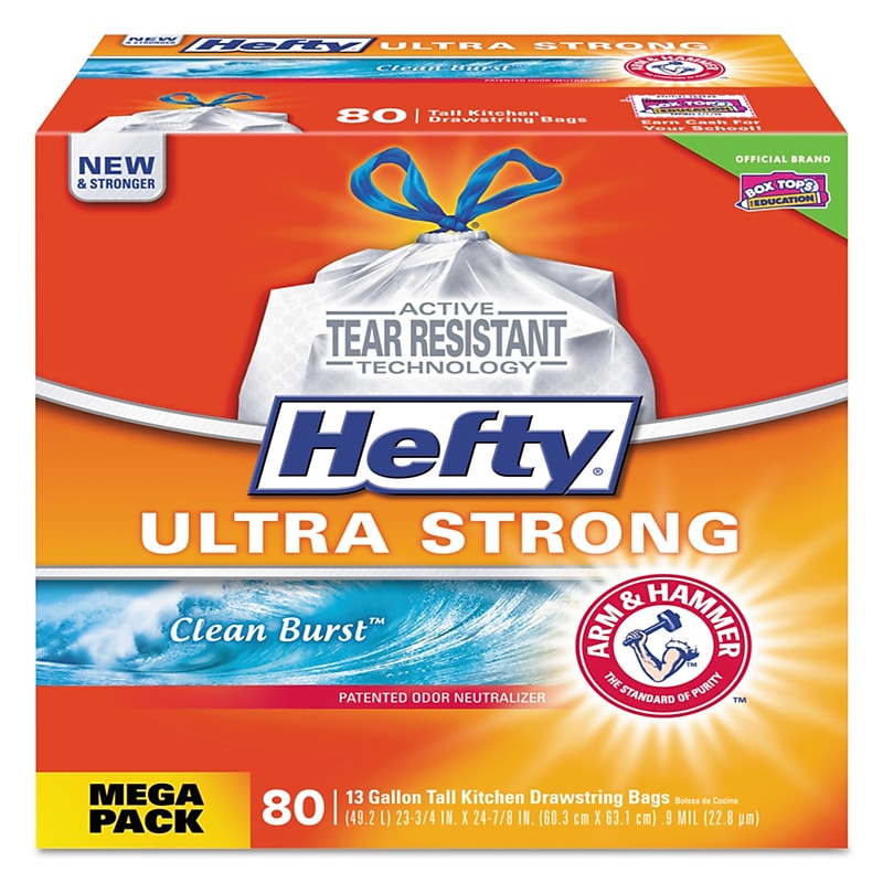 Hefty Ultra Strong 13 Gallon Scented Kitchen Trash Bag, 24.75" x 24.88", Low Density, 0.9 mil, Clean Burst, White, 80 Bags/Box image 1