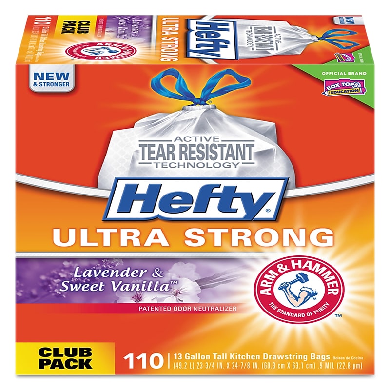 Hefty Ultra Strong 13 Gallon Kitchen Trash Bag, 23.75" x 24.88", Low Density, Lavender & Sweet Vanilla, 110 Bags/Box image 1