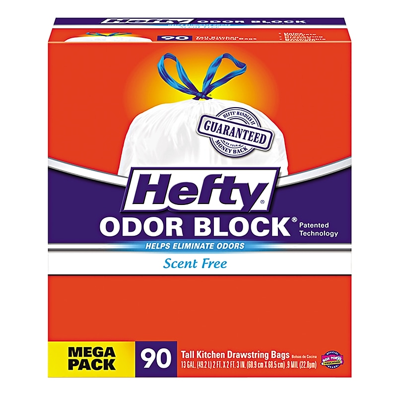 Hefty Strong 13 Gallon Kitchen Trash Bag, 23.75" x 27", Low Density, 0.9 mil, White, 90 Bags/Box (RFPE84574CT) image 1