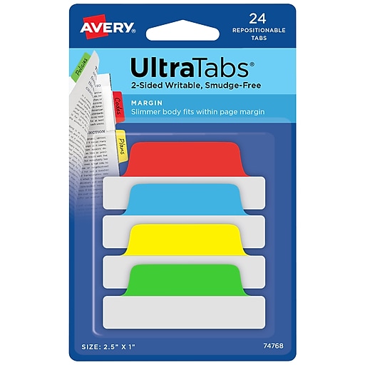 Avery Margin Ultra Tabs 74767 24 Repositionable Page Tabs 2-Side Writable Assorted Neon Color 2.5 x 1 