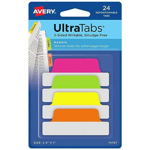 Avery UltraTabs Repositionable Margin Tabs, 2.5" Wide, Assorted Colors, 24/Pack (74767)