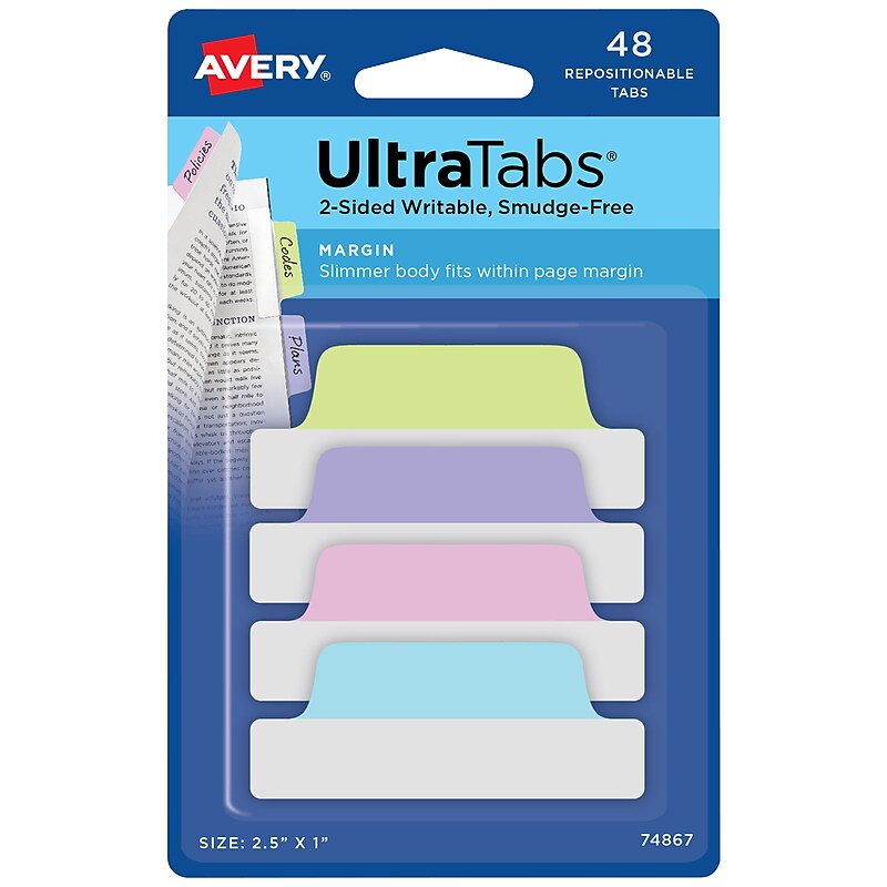 Avery UltraTabs Repositionable Margin Tabs, 2.5" x 1", Assorted Pastel Colors, 6 Tabs/Pad, 8 Pads (74867) image 1