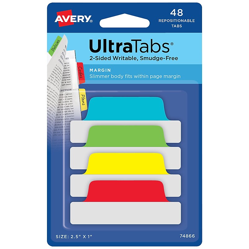 Avery UltraTabs Repositionable Margin Tabs, 2.5" x 1", Assorted Colors, 6 Tabs/Pad, 8 Pads (74866) image 1
