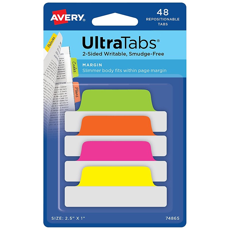 Avery UltraTabs Repositionable Margin Tabs, 2.5" x 1", Assorted Neon, 6 Tabs/Pad, 8 Pads (74865) image 1