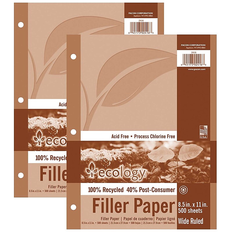Ecology Wide Ruled Filler Paper, 8.5" x 11", 3-Hole Punched, 500 Sheets/Pack, 2/Bundle (PAC2416-2) image 1