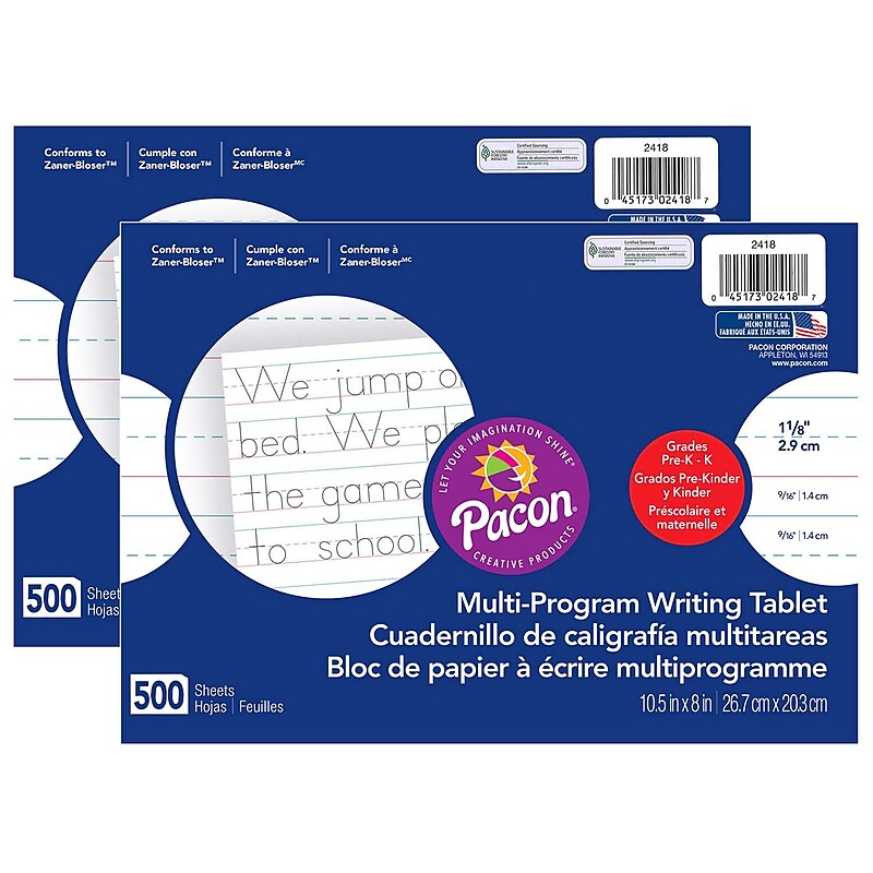 Pacon® Multi-Program Handwriting Paper, 1-1/8" Ruled, 10.5" x 8", White, 500 Sheets Per Pack, 2 Packs (PAC2418-2) image 1