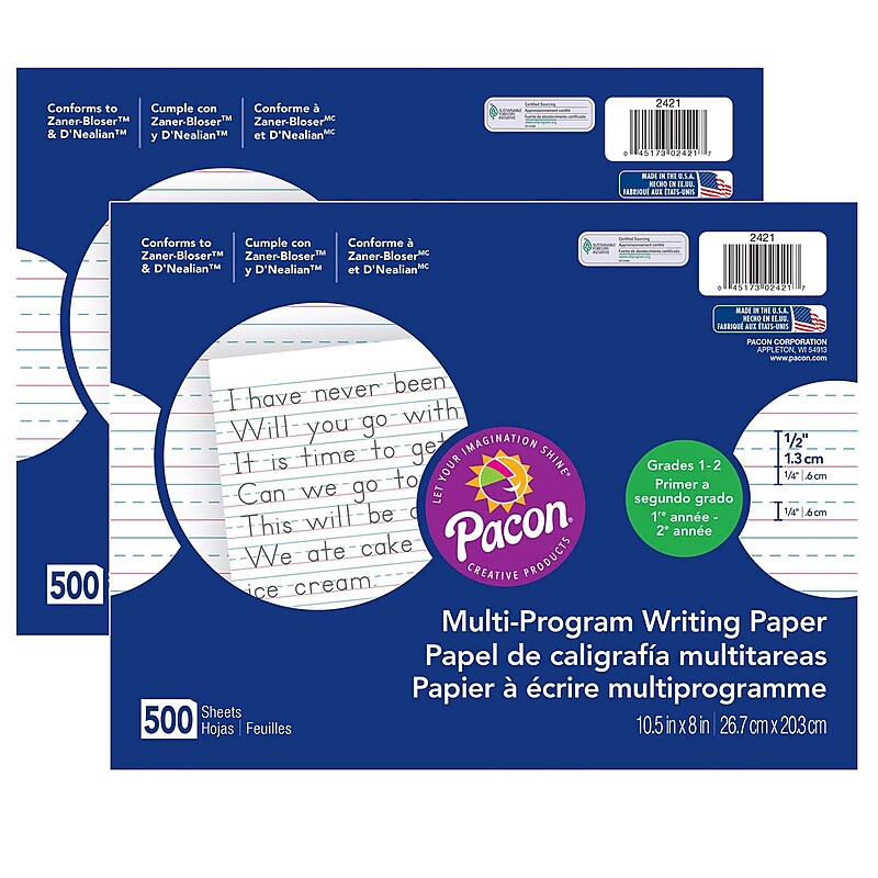 Pacon® Multi-Program Handwriting Paper, 1/2" Ruled, 10-1/2" x 8", White, 500 Sheets Per Pack, 2 Packs (PAC2421-2) image 1