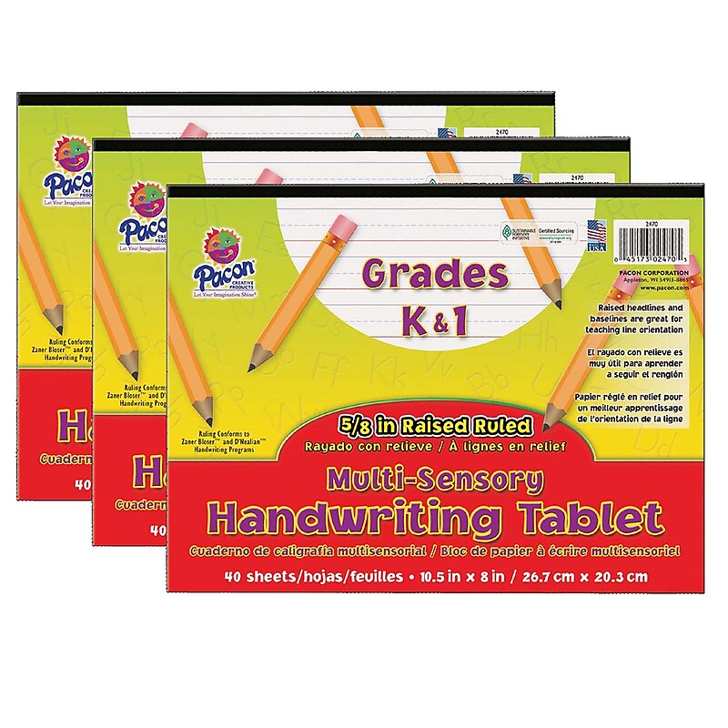 Pacon® Multi-Sensory Raised Ruled Tablet, 5/8" x 5/16" x 5/16" Ruled Long, 10.5" x 8", White, 40 Sheets, Pack of 3 (PAC2470-3) image 1