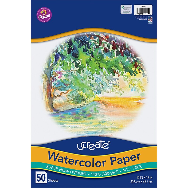 UCreate Watercolor Paper, 140 lb., 12" x 18", White, 50 /Pack (PAC4944) image 1
